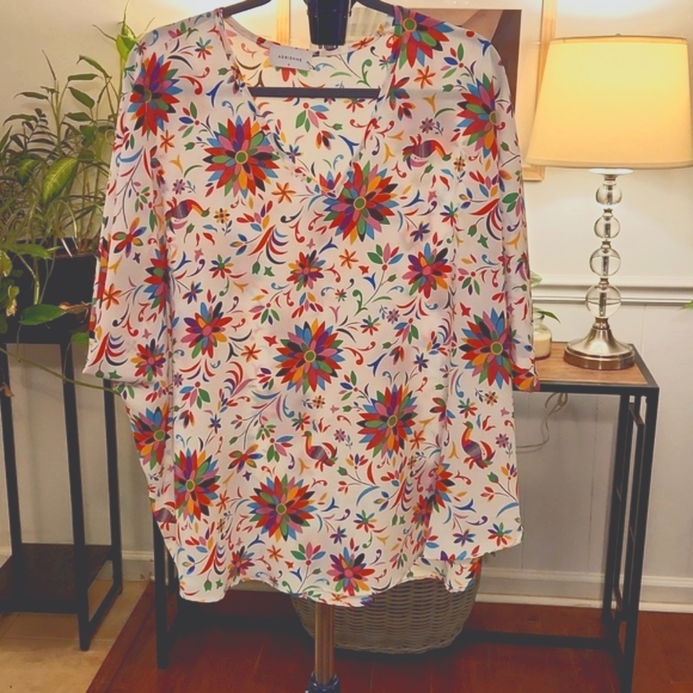 Adrienne blouse, an oversized Small w/ dolman sleeves, white w/ multicolors